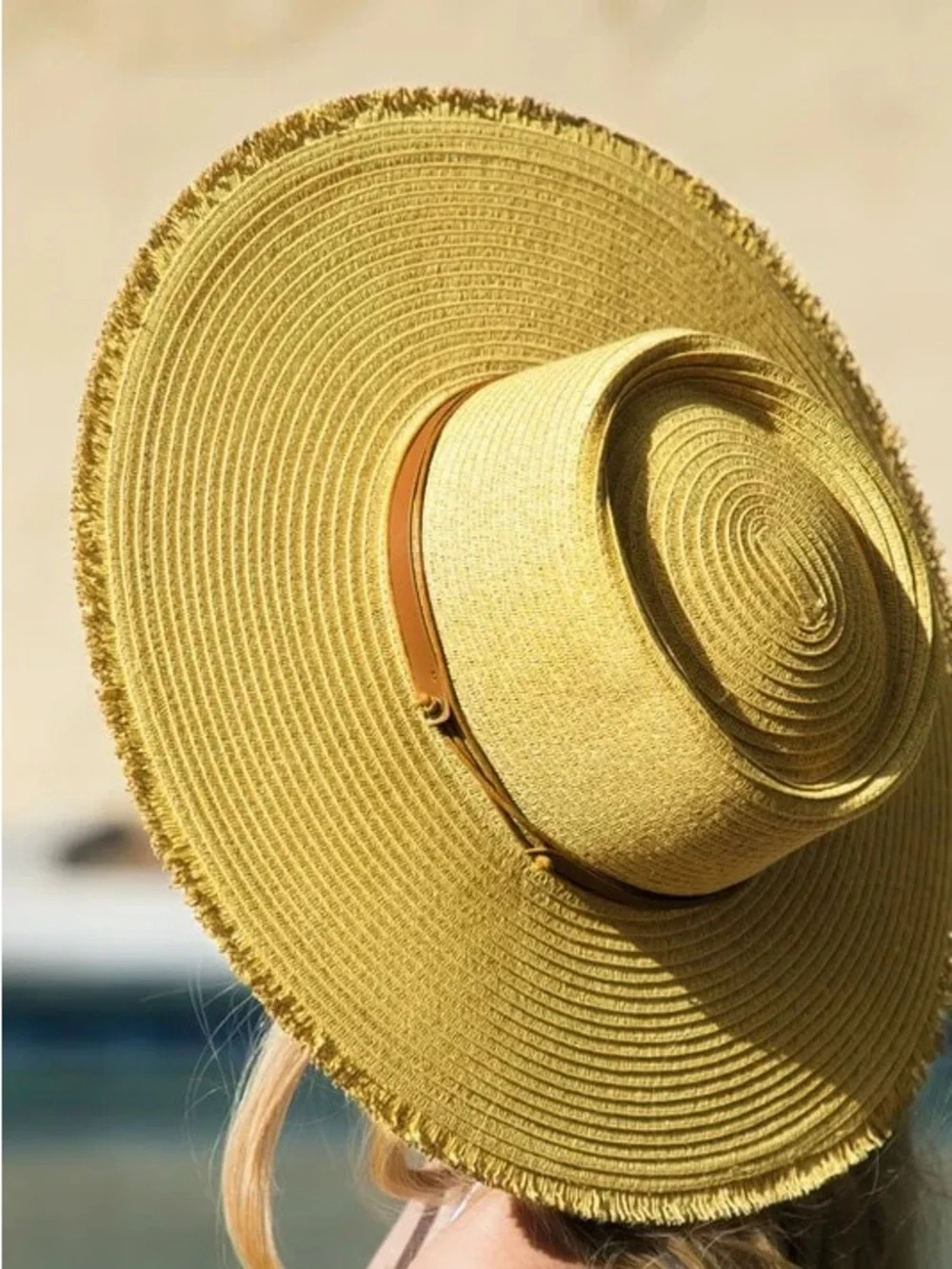 Wide Brim Straw Sun Hat - Yellow with Tan Band
